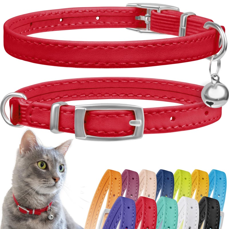 CollarDirect Leather Cat Collar, Cat Safety Collar with Elastic Strap, Kitten Collar with Bell Black Blue Red Orange Lime Green (6-7 Inch, Red) - Image 1